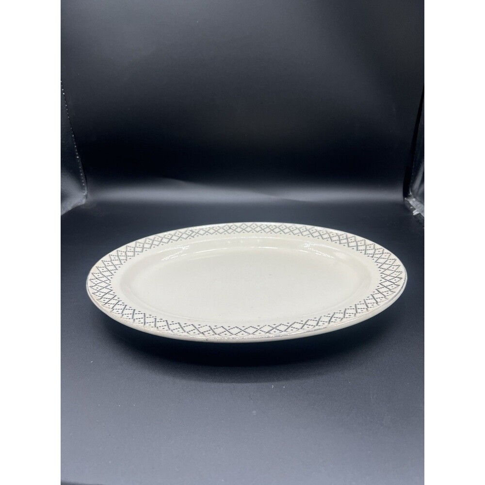 Vintage Edwin M Knowles Diamond Dot Oval Serving Platter Silver Trim USA